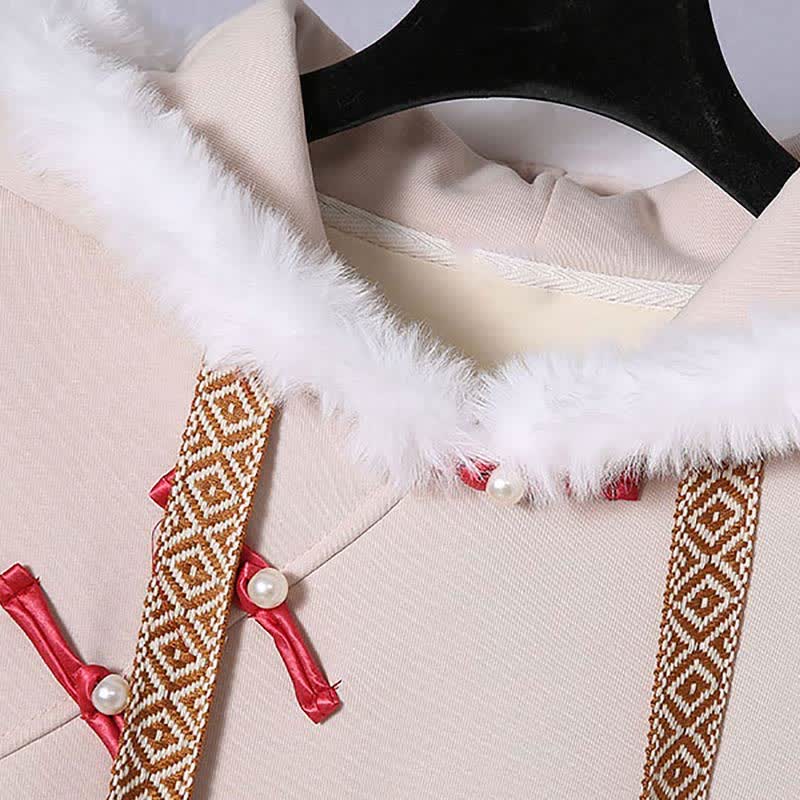 Vintage Fox Embroidery Buckle Plush Hooded Sweatshirt Dress