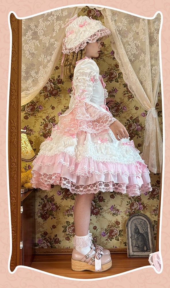 with Pink White Sweet Dress High Waist Lolita Bow Accents Detachable Sleeves Princess