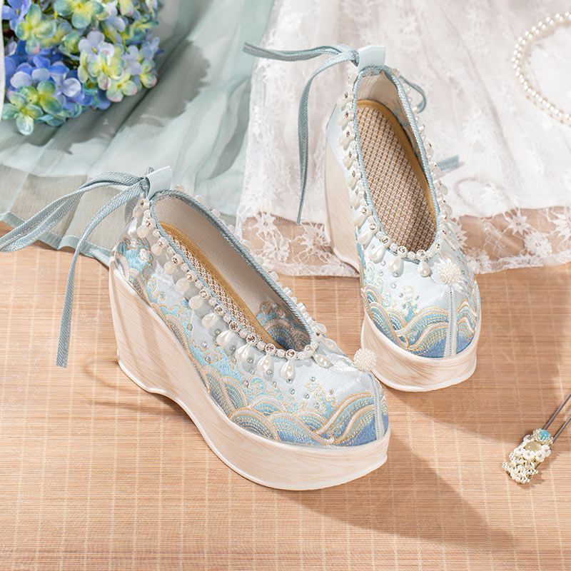 Vintage Wave Print Pearl Platform High Heels Shoes