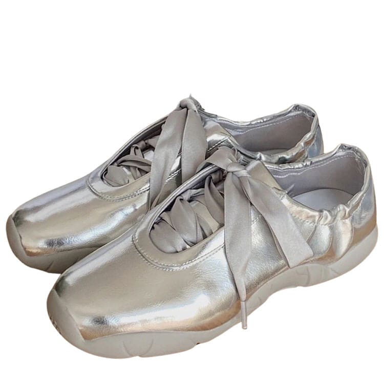 Ballet Satin Bow Sneakers - EU35 (US5.0) / Silver - Sneakers