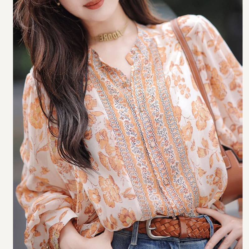 Balloon Sleeve Band Collar Floral Print Blouse