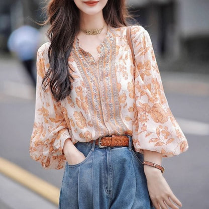 Balloon Sleeve Band Collar Floral Print Blouse - Tangerine