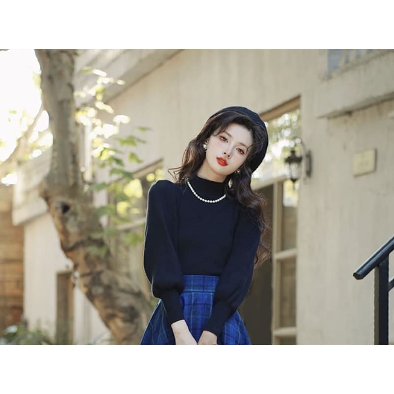 Balloon Sleeve Mock Neck Plain Sweater / High Waist Plaid