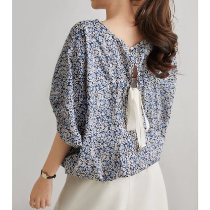 Balloon Sleeve Round Neck Floral Print Tie Back Blouse