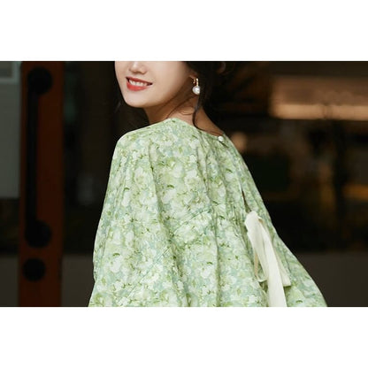 Balloon Sleeve Round Neck Floral Print Tie Back Blouse