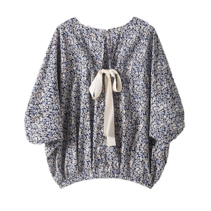 Balloon Sleeve Round Neck Floral Print Tie Back Blouse