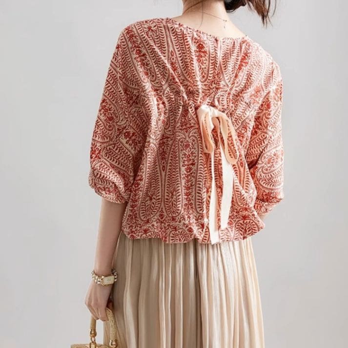 Balloon Sleeve Round Neck Floral Print Tie Back Blouse