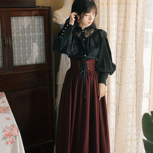 Band Collar Plain Lace Panel Blouse / High Waist Midi