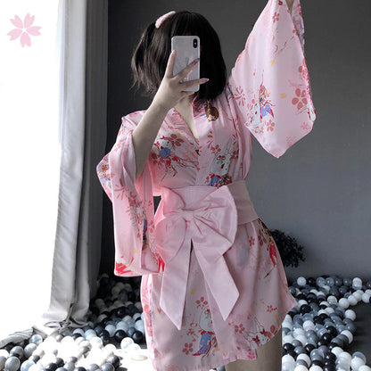 Sakura Mice Print Kimono Bathrobe - Pink / One Size