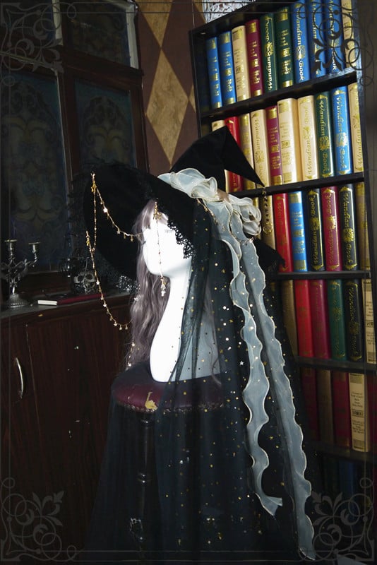 Halloween Dark Fancy Shiny Veil and Stars Chain Witch Hat