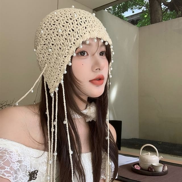 Beaded Crochet Hat - Beige / One Size