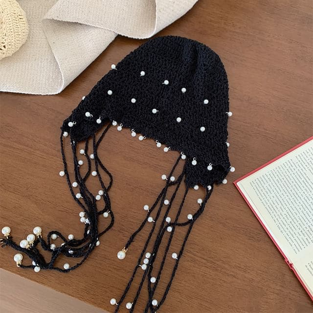 Beaded Crochet Hat - Black / One Size