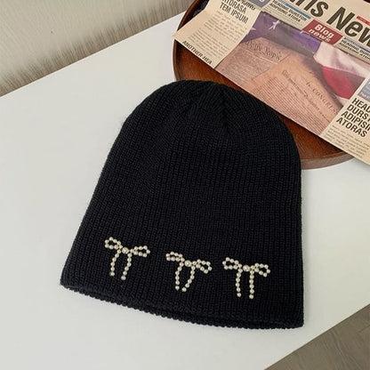 Beaded Ribbon Beanie - Black / One Size