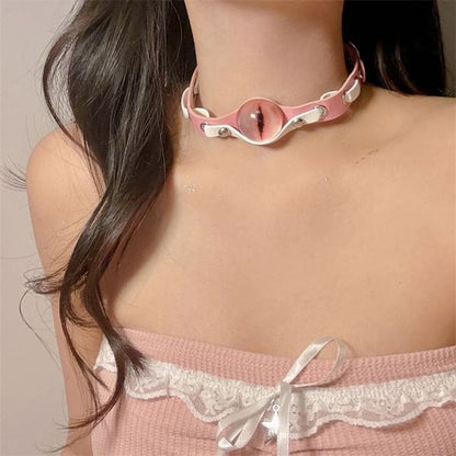 Beaded Studded Faux Leather Choker - Choker - Pink