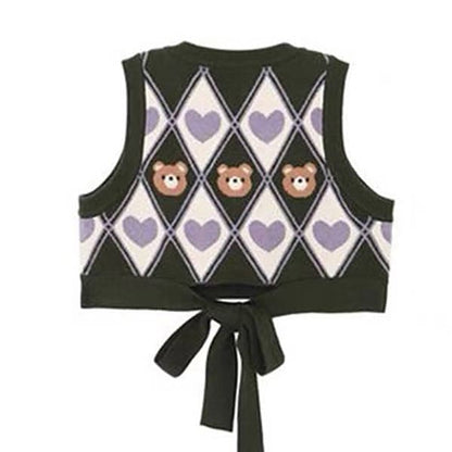 Bear Argyle Crop Vest - Vest