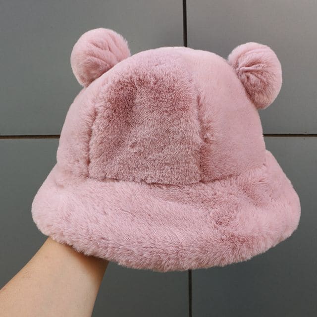 Bear Ear Chenille Bucket Hat - Plain - Pink / M