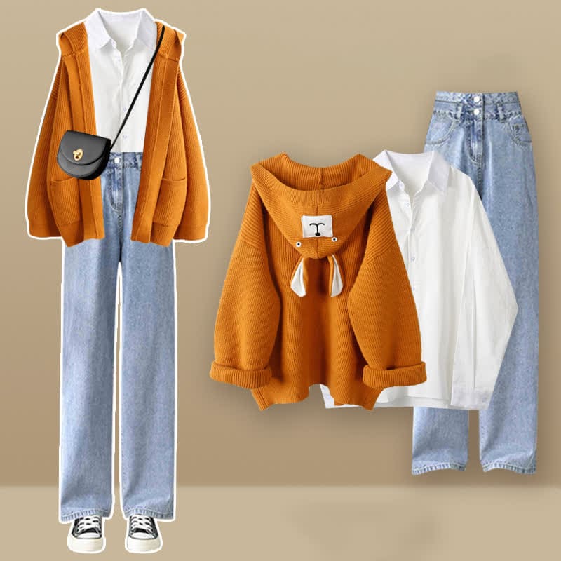 Bear Ears Hooded Cardigan Lapel Shirt Denim Pants Set