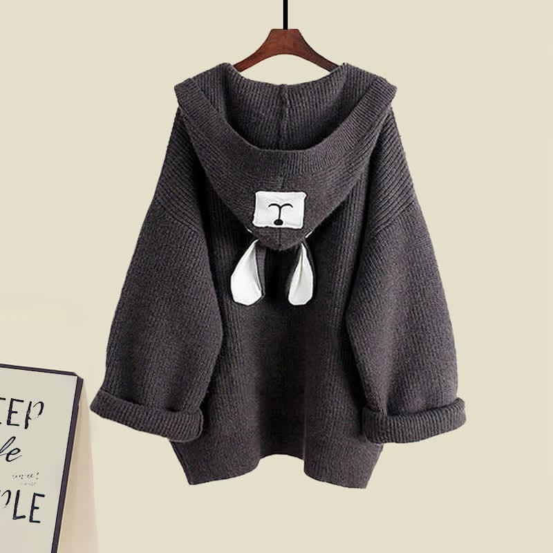 Bear Ears Hooded Cardigan Sweater Belted Lapel Dress - Grey