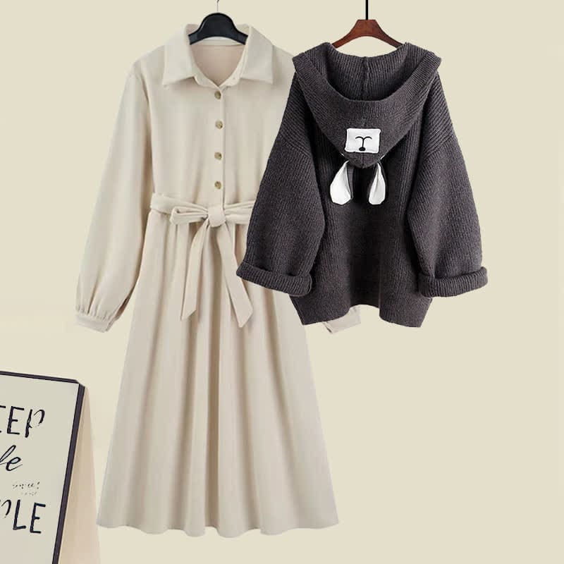 Bear Ears Hooded Cardigan Sweater Belted Lapel Dress - Grey