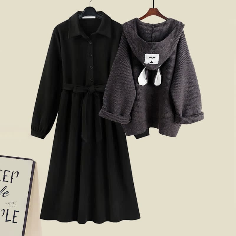 Bear Ears Hooded Cardigan Sweater Belted Lapel Dress - Grey