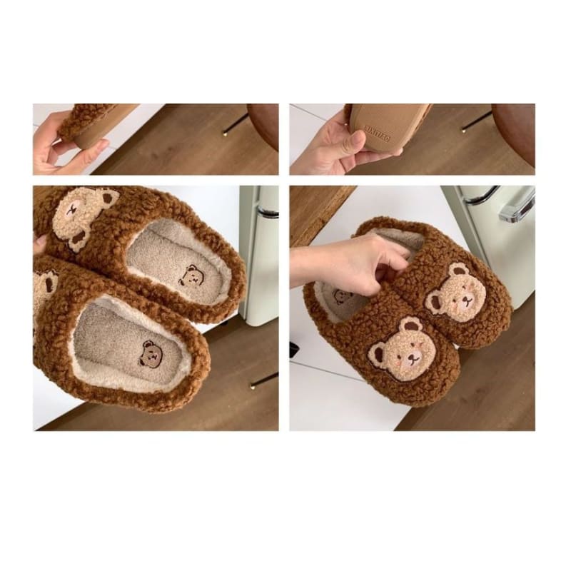 Bear Embroidered Fluffy Home Slippers