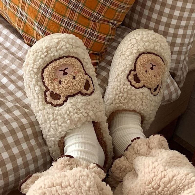 Bear Embroidered Fluffy Home Slippers