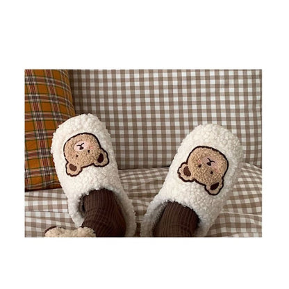 Bear Embroidered Fluffy Home Slippers