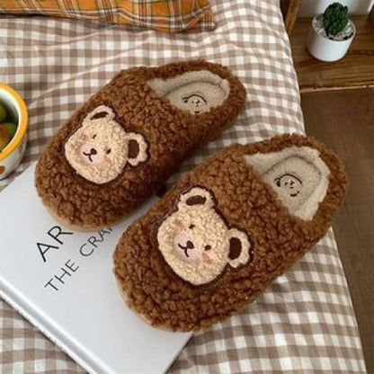 Bear Embroidered Fluffy Home Slippers - Brown / 36 To 37