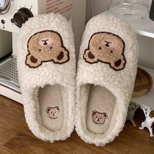 Bear Embroidered Fluffy Home Slippers - White / 36 To 37