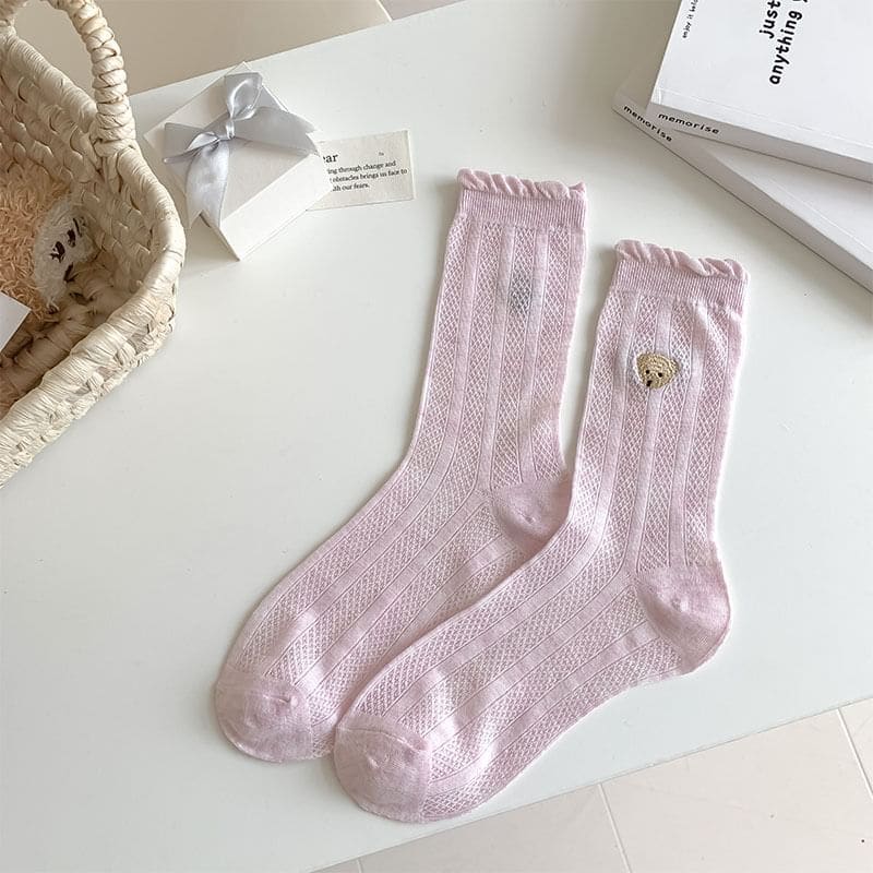 Bear Embroidered Frill Trim Socks