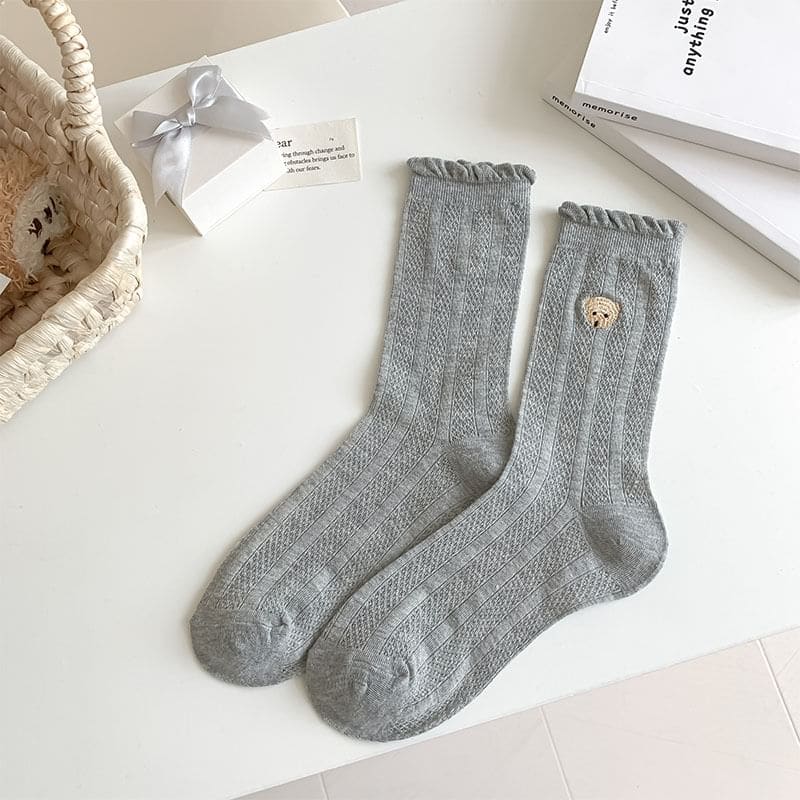 Bear Embroidered Frill Trim Socks