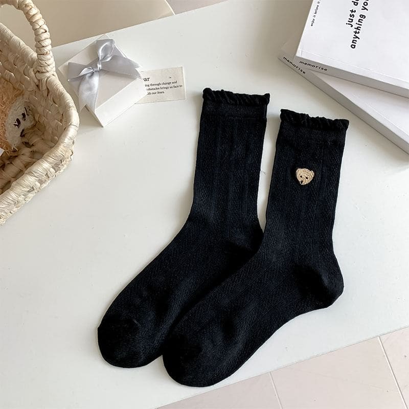 Bear Embroidered Frill Trim Socks