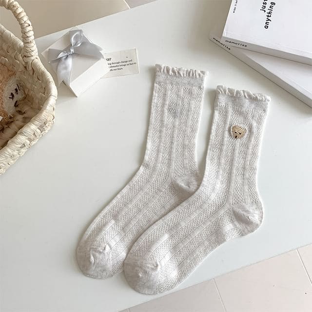 Bear Embroidered Frill Trim Socks - Khaki / One Size