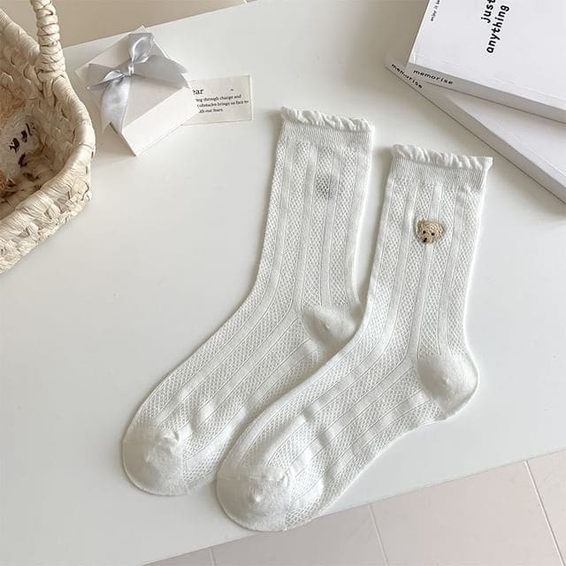 Bear Embroidered Frill Trim Socks - White / One Size