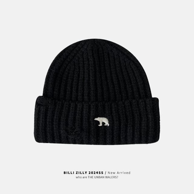 Bear Embroidered Knit Beanie - Black / One Size