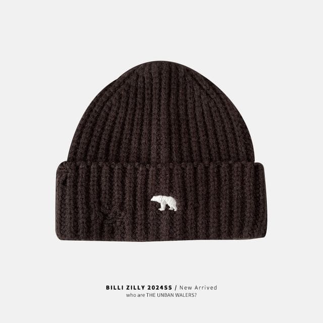 Bear Embroidered Knit Beanie - Coffee / One Size