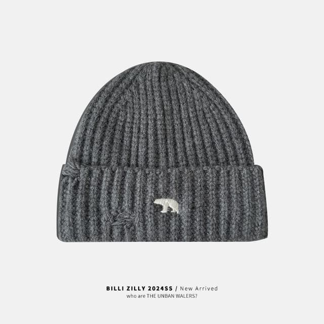 Bear Embroidered Knit Beanie - Dark Gray / One Size