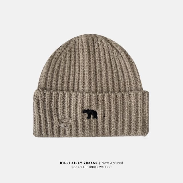 Bear Embroidered Knit Beanie - Khaki / One Size