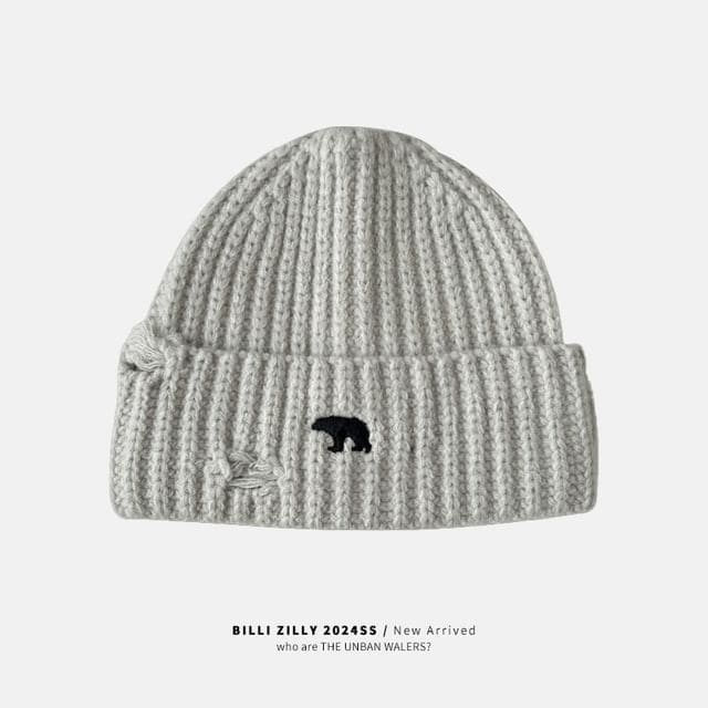 Bear Embroidered Knit Beanie - Light Gray / One Size