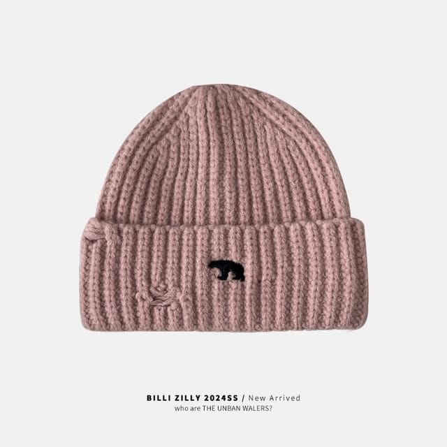 Bear Embroidered Knit Beanie - Pink / One Size