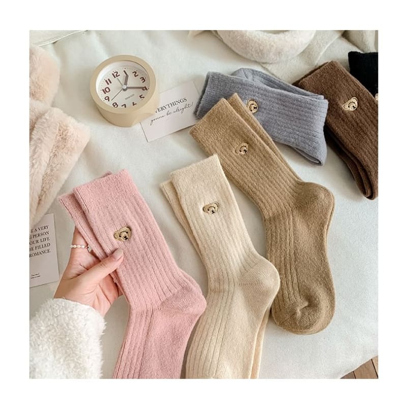 Bear Embroidered Ribbed Short Socks Set