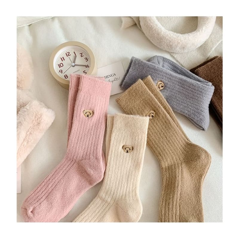 Bear Embroidered Ribbed Short Socks Set