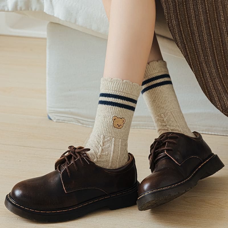 Bear Embroidered Striped Socks