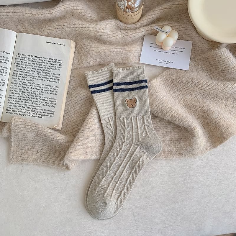 Bear Embroidered Striped Socks