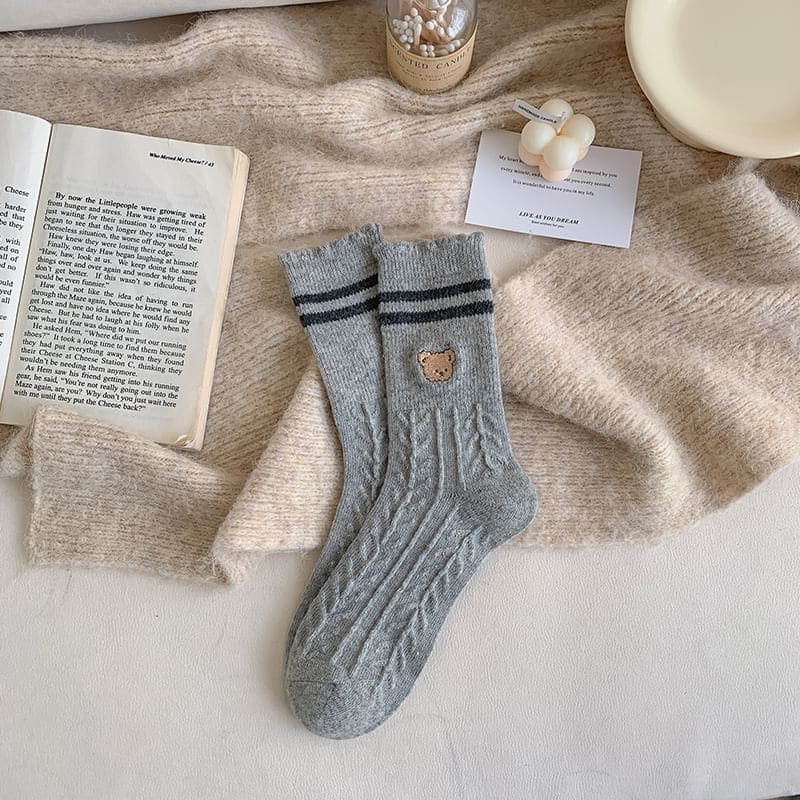 Bear Embroidered Striped Socks