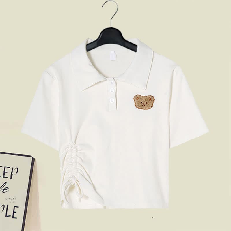Bear Embroidery Polo T-Shirt Casual Pants - White T-Shirt