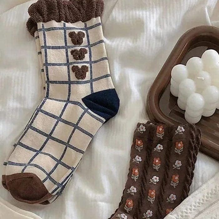 Bear Plaid Socks - Brown - Socks