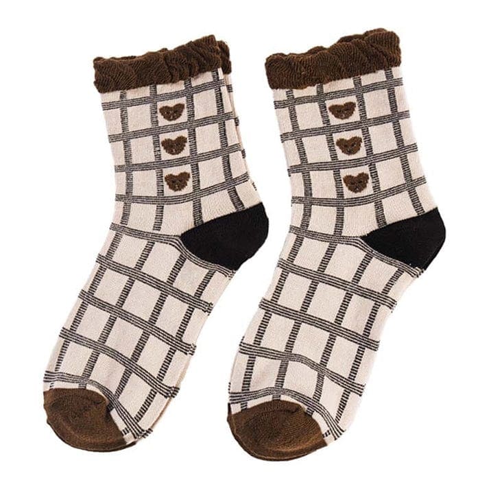 Bear Plaid Socks - Brown - Socks