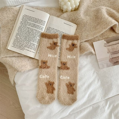 Bear Print Fleece Socks - 01 - Light Brown / One Size