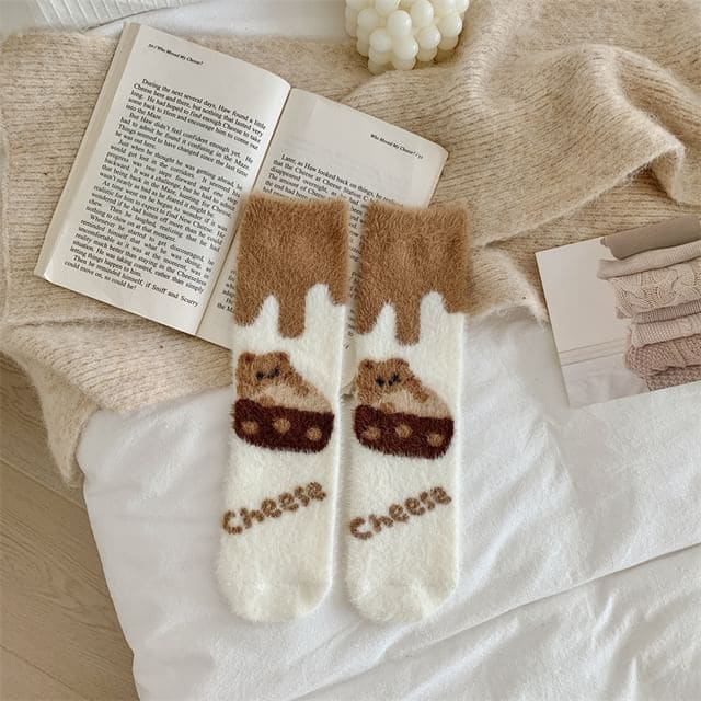 Bear Print Fleece Socks - 02 - Light Brown / One Size